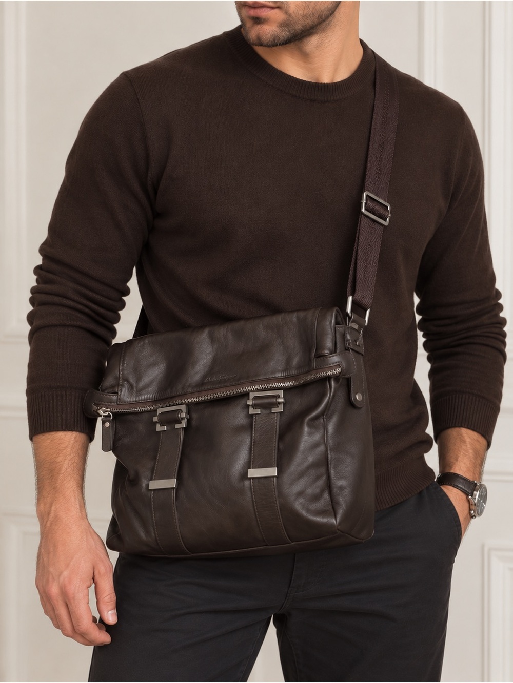 Salvatore Ferragamo dark brown leather shoulder or messenger bag